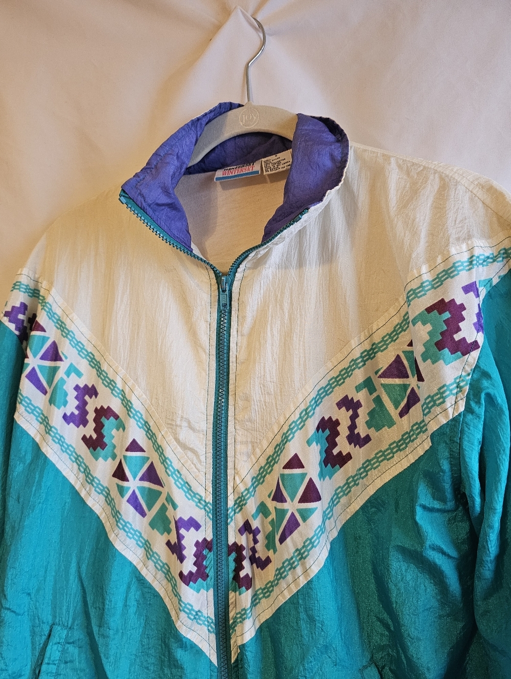 Vintage-Inspired Teal and Cream Windbreaker Jacket Colorblocked Small